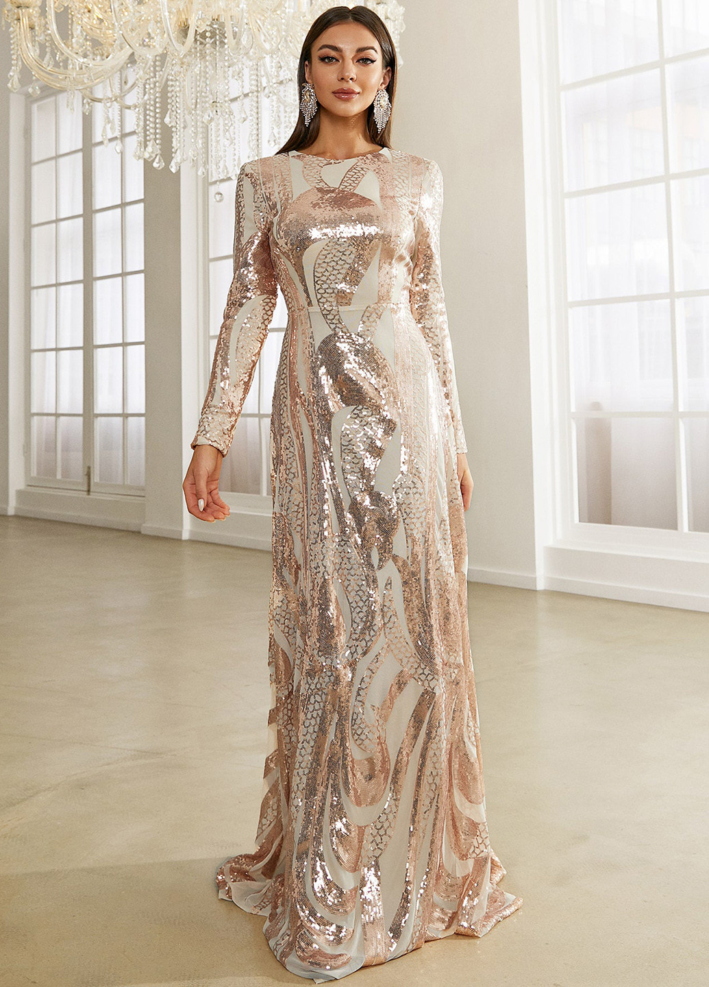 Світло-бежева святковий, вечірня сукня зі шлейфом, а-силует SHEIN з малюнком