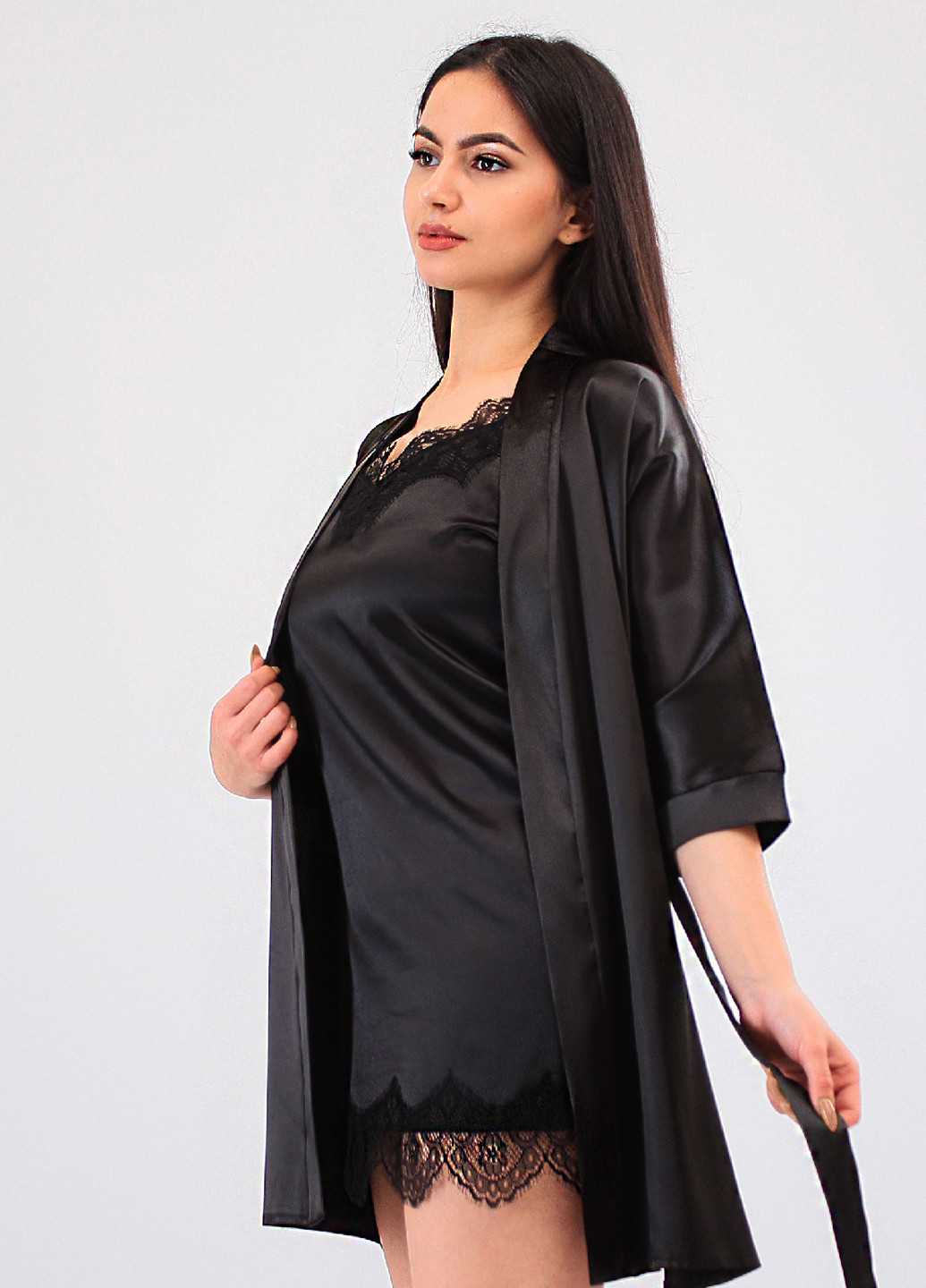 Черный демисезонный комплект (ночная рубашка, халат) Ghazel