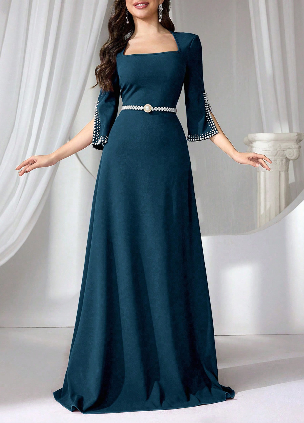 Светло-бирюзовое вечернее платье SHEIN однотонное