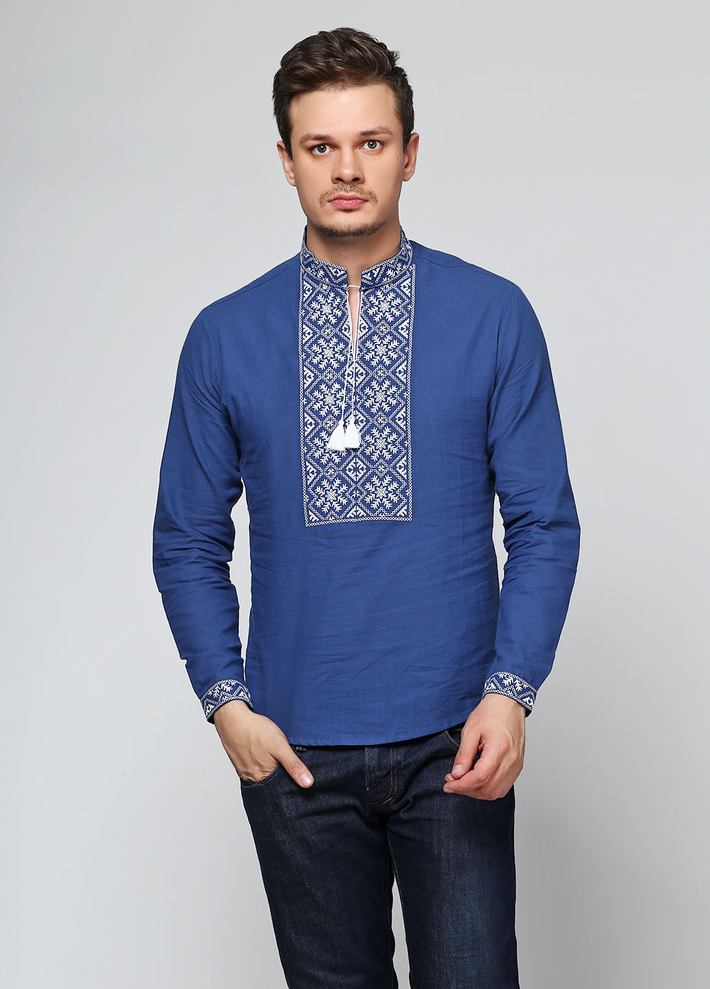 Темно-синяя кэжуал рубашка с орнаментом ЕтноМодерн с длинным рукавом