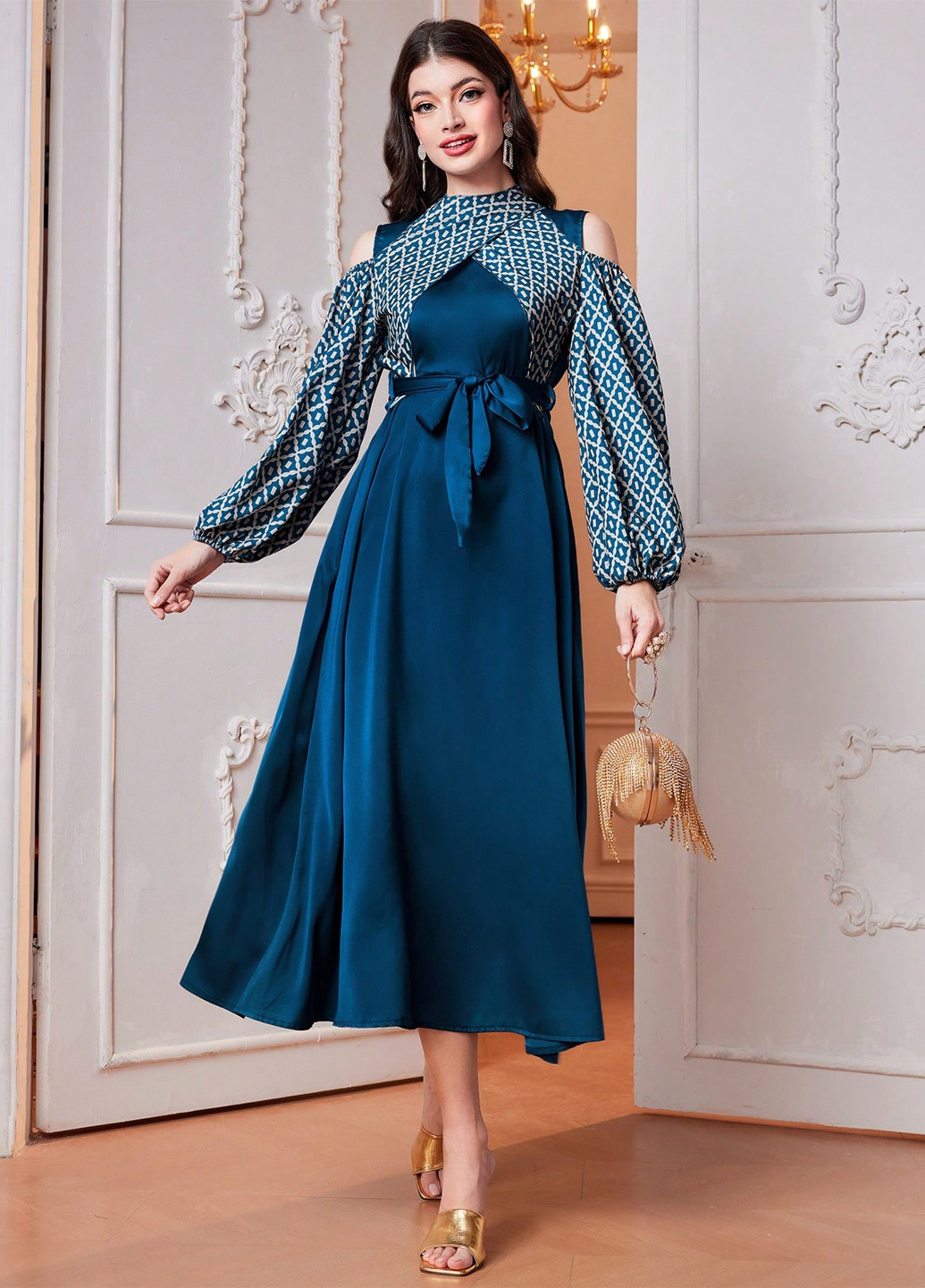 Синее вечернее, кэжуал платье клеш SHEIN колор блок