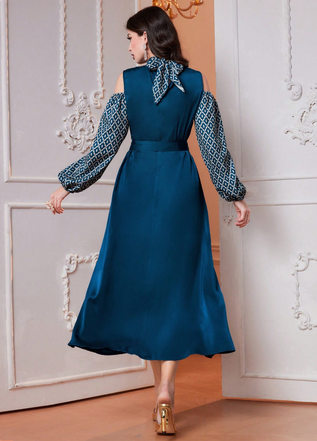 Синее вечернее, кэжуал платье клеш SHEIN колор блок