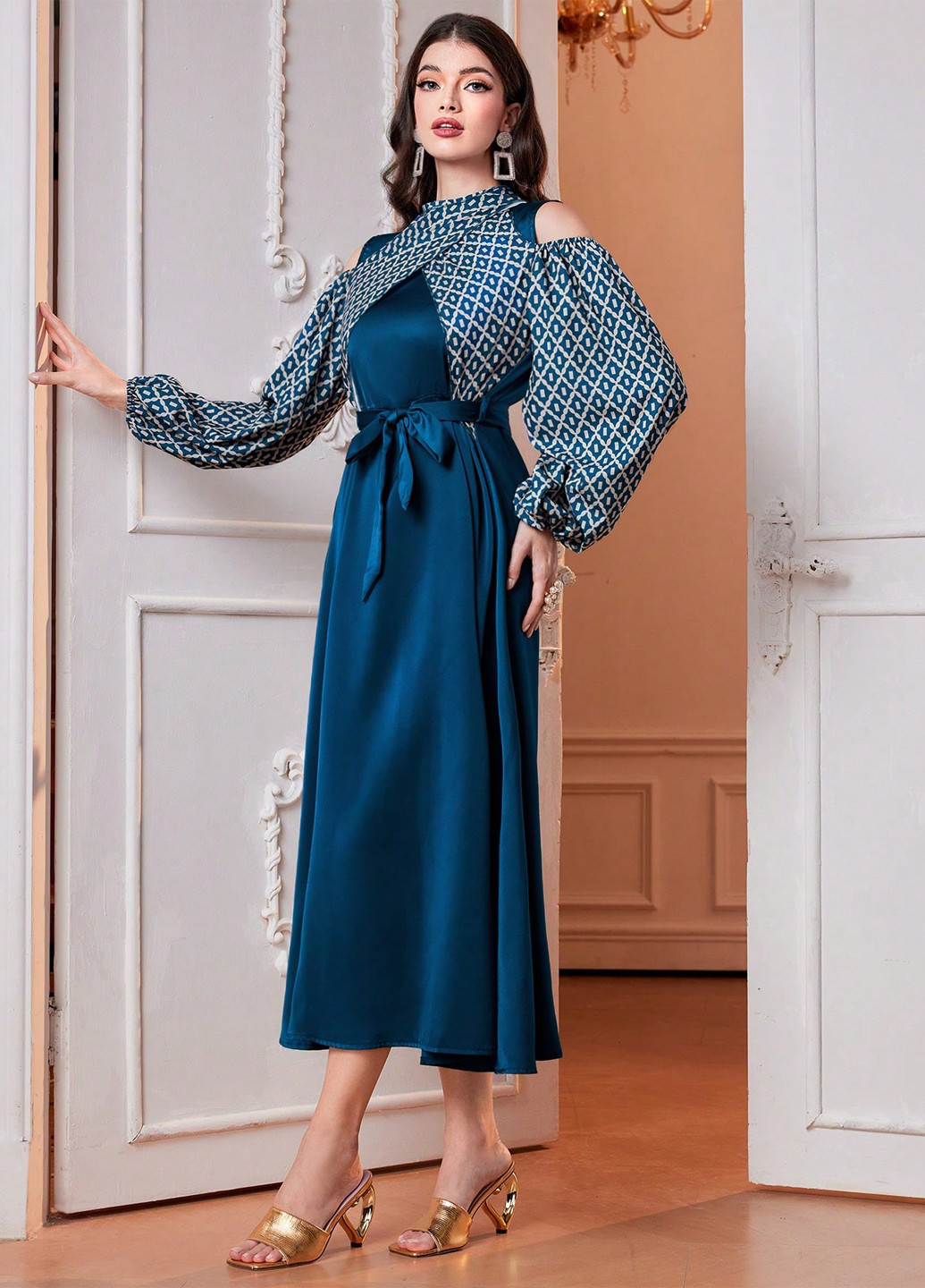 Синее вечернее, кэжуал платье клеш SHEIN колор блок