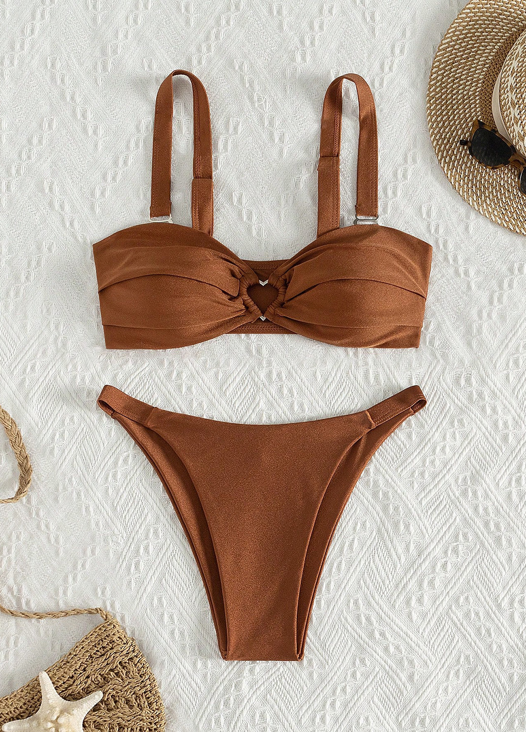 Світло-коричневий літній купальник (ліф, трусики) бікіні, бандо, роздільний SHEIN