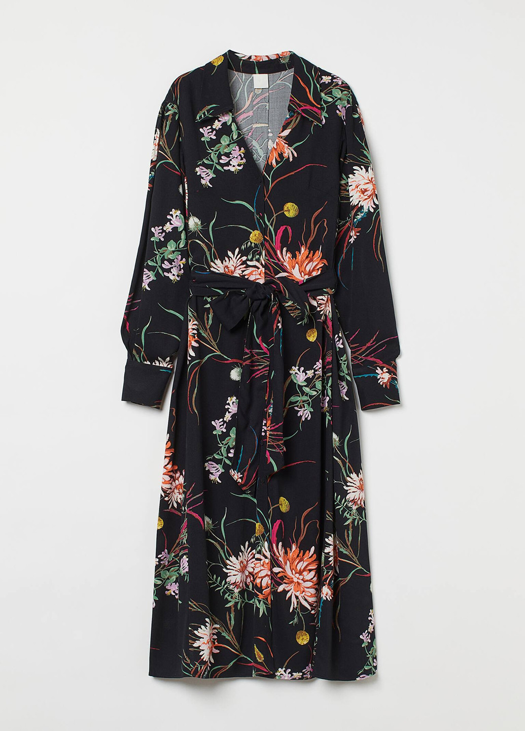 Черное кэжуал платье рубашка H&M с цветочным принтом