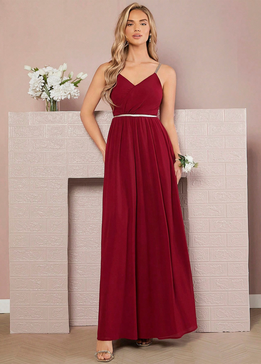 Бордовое вечернее платье в стиле ампир, с открытой спиной SHEIN однотонное