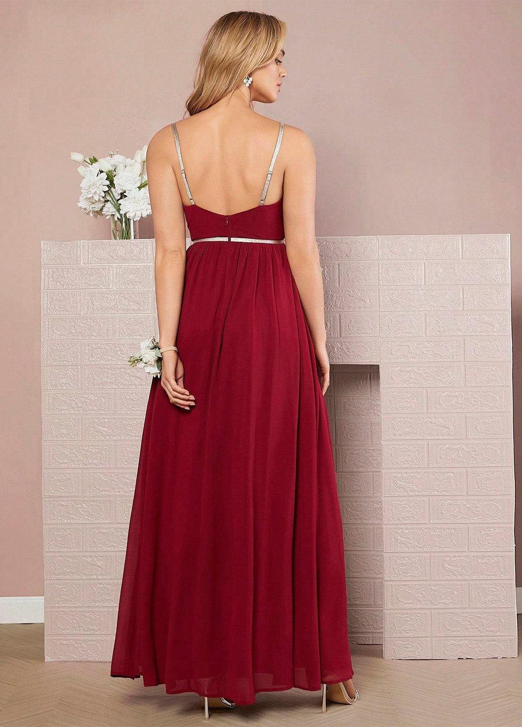 Бордовое вечернее платье в стиле ампир, с открытой спиной SHEIN однотонное
