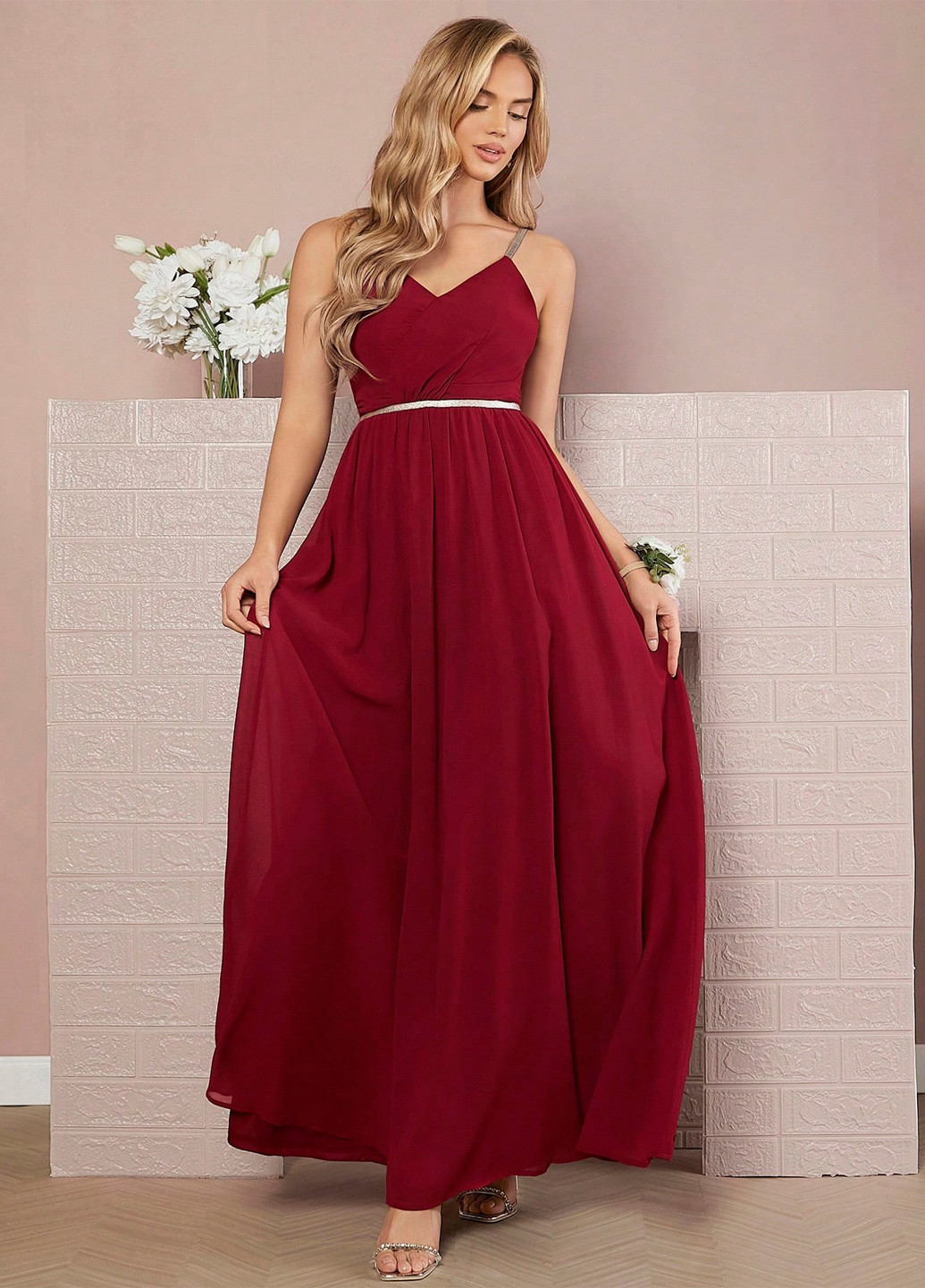 Бордовое вечернее платье в стиле ампир, с открытой спиной SHEIN однотонное