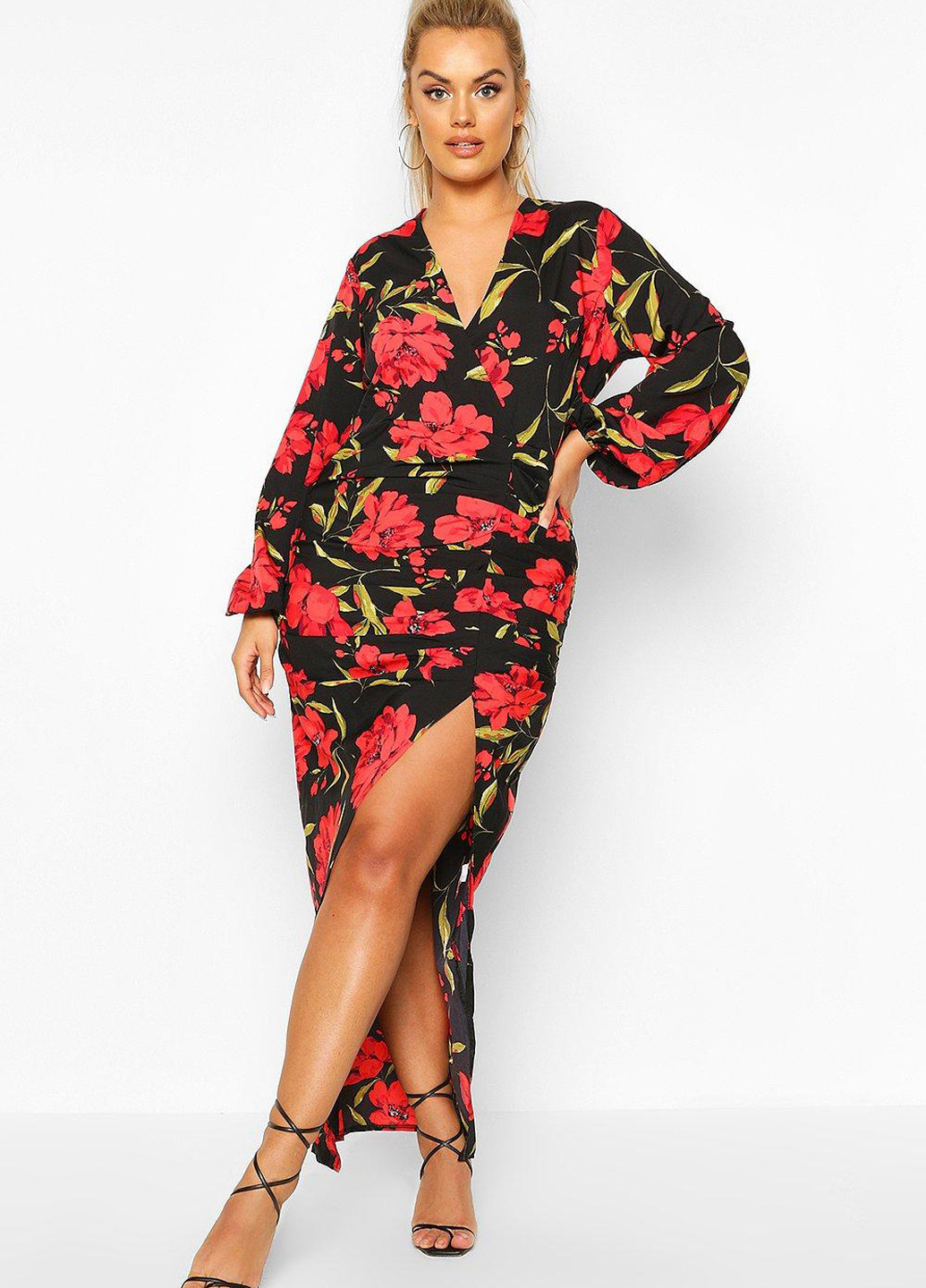 Черное вечернее, кэжуал платье Boohoo с цветочным принтом