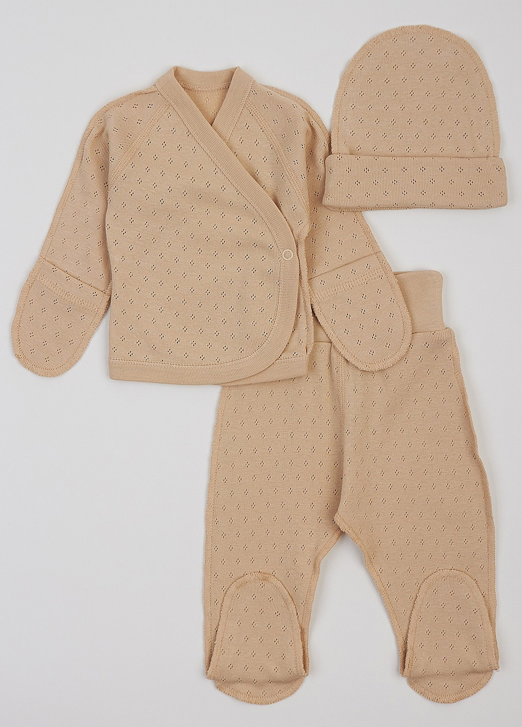 Бежевый демисезонный комплект (распашонка, ползунки, шапка) Ляля