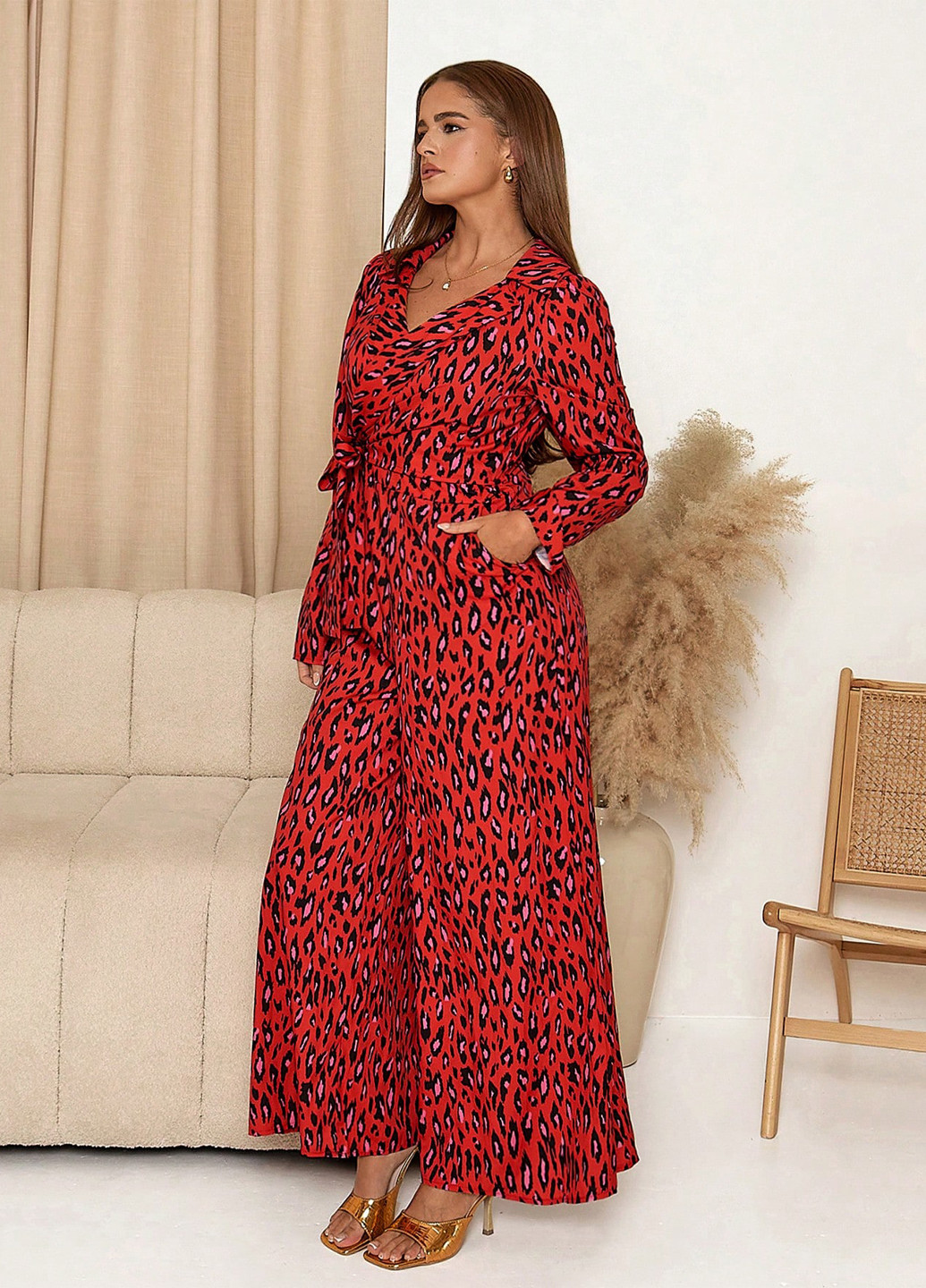 Комбинезон SHEIN комбинезон-брюки леопардовый красный кэжуал полиэстер