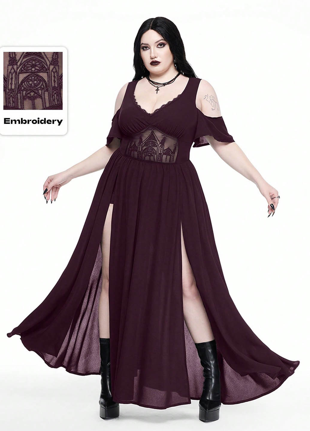 Темно-бордовое карнавальный, вечернее платье с открытыми плечами SHEIN однотонное