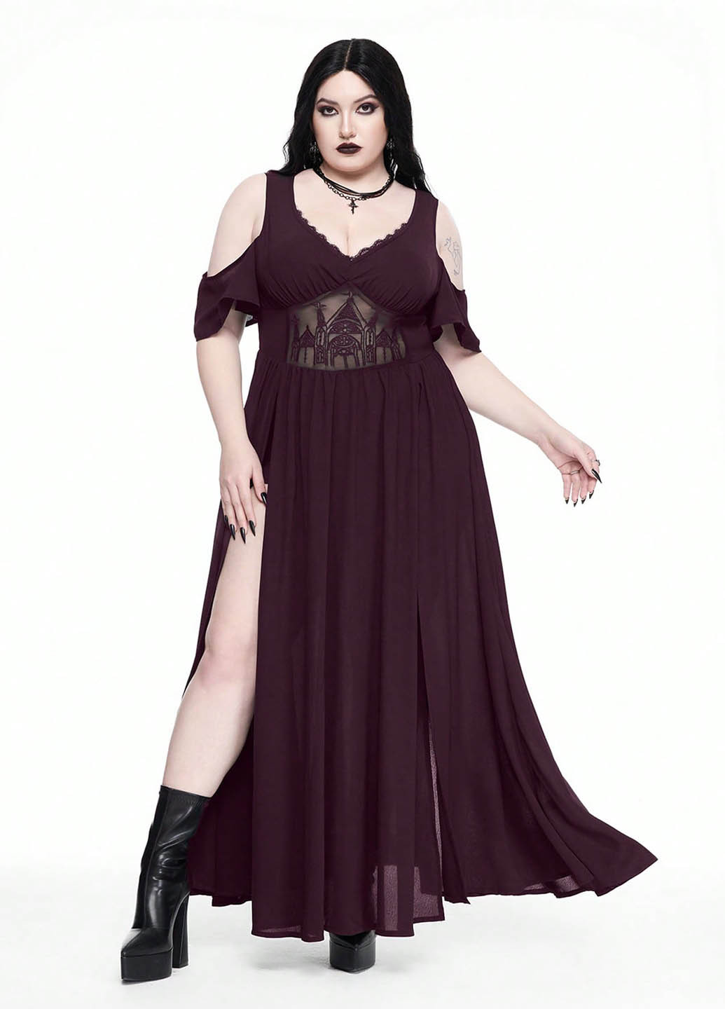 Темно-бордовое карнавальный, вечернее платье с открытыми плечами SHEIN однотонное