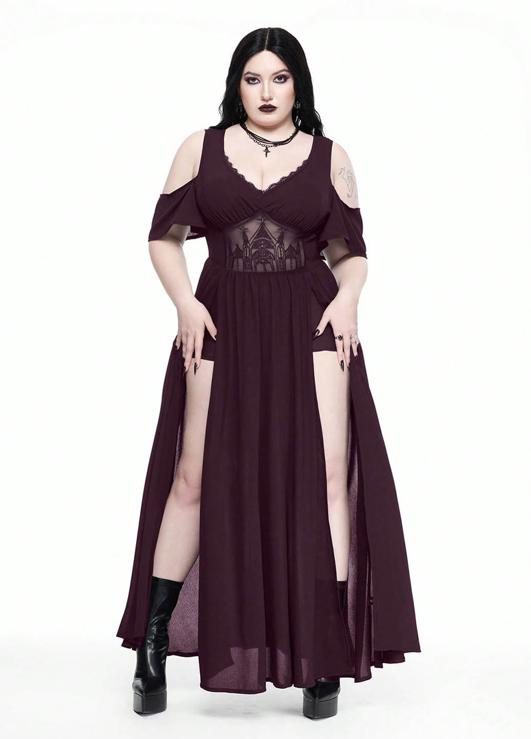 Темно-бордовое карнавальный, вечернее платье с открытыми плечами SHEIN однотонное