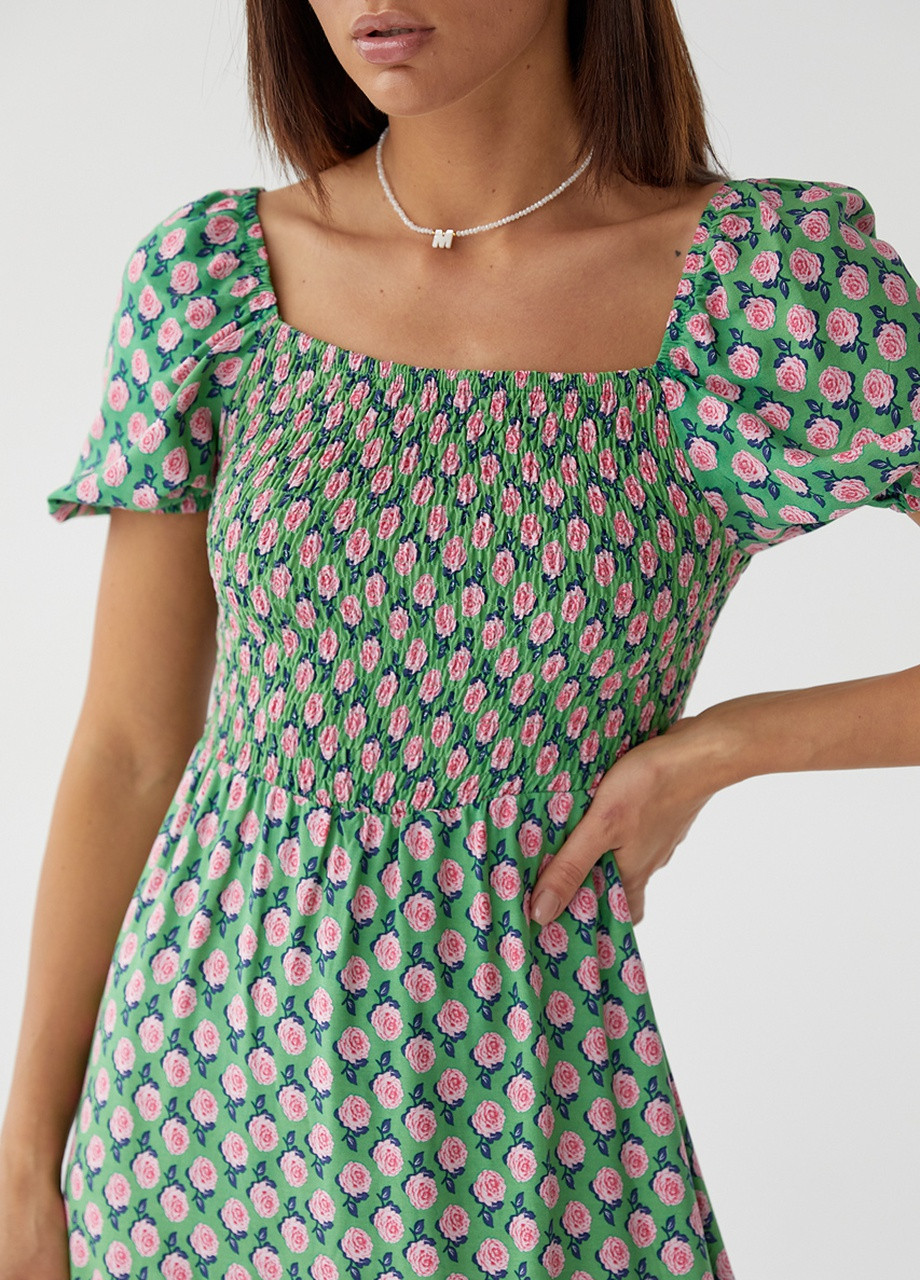 Зелена кежуал довга сукня з еластичним поясом No Brand з квітковим принтом
