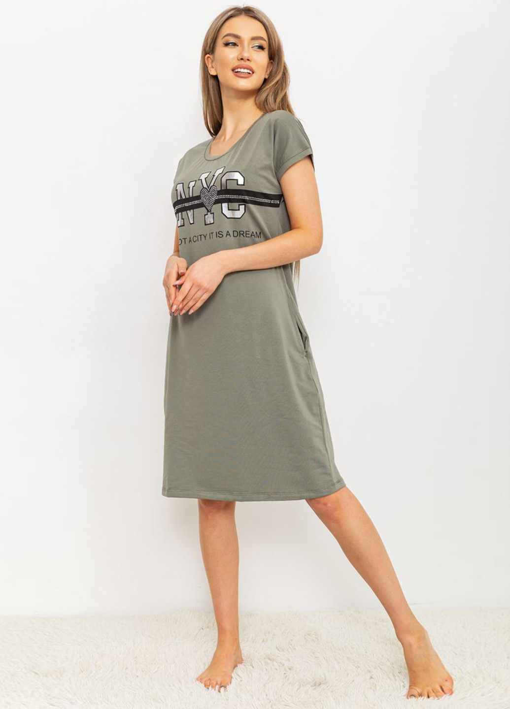 Оливковое домашнее платье платье-футболка Ager с надписью