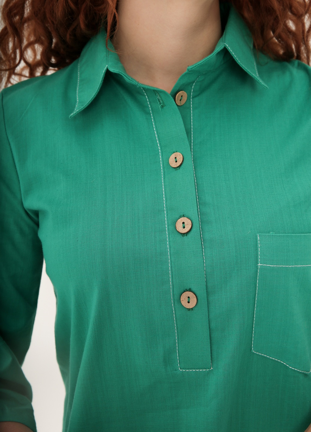 Зеленое кэжуал классическое прямое платье с натурального льна INNOE однотонное
