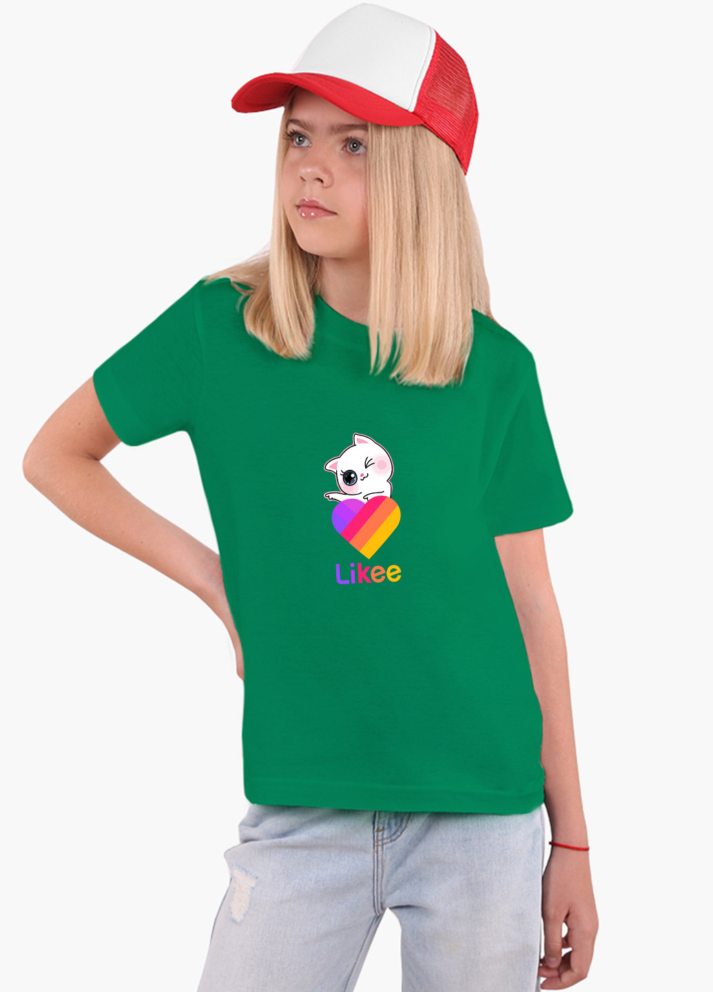 Зеленая демисезонная футболка детская лайки котик (likee cat)(9224-1595) MobiPrint