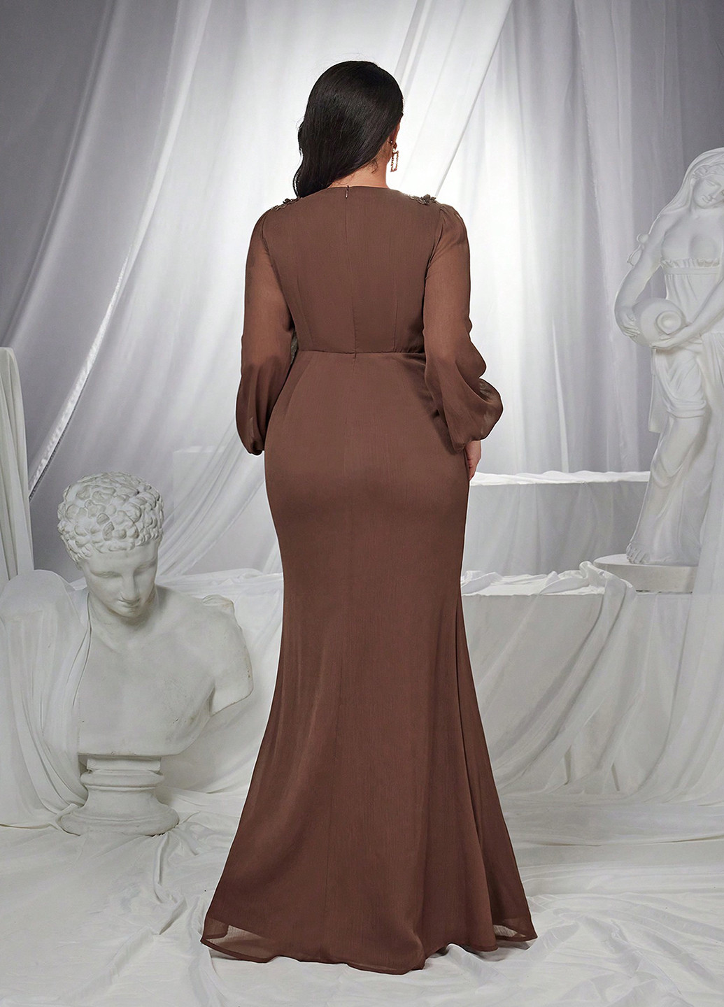 Коричнева вечірня сукня годе, на запах SHEIN однотонна