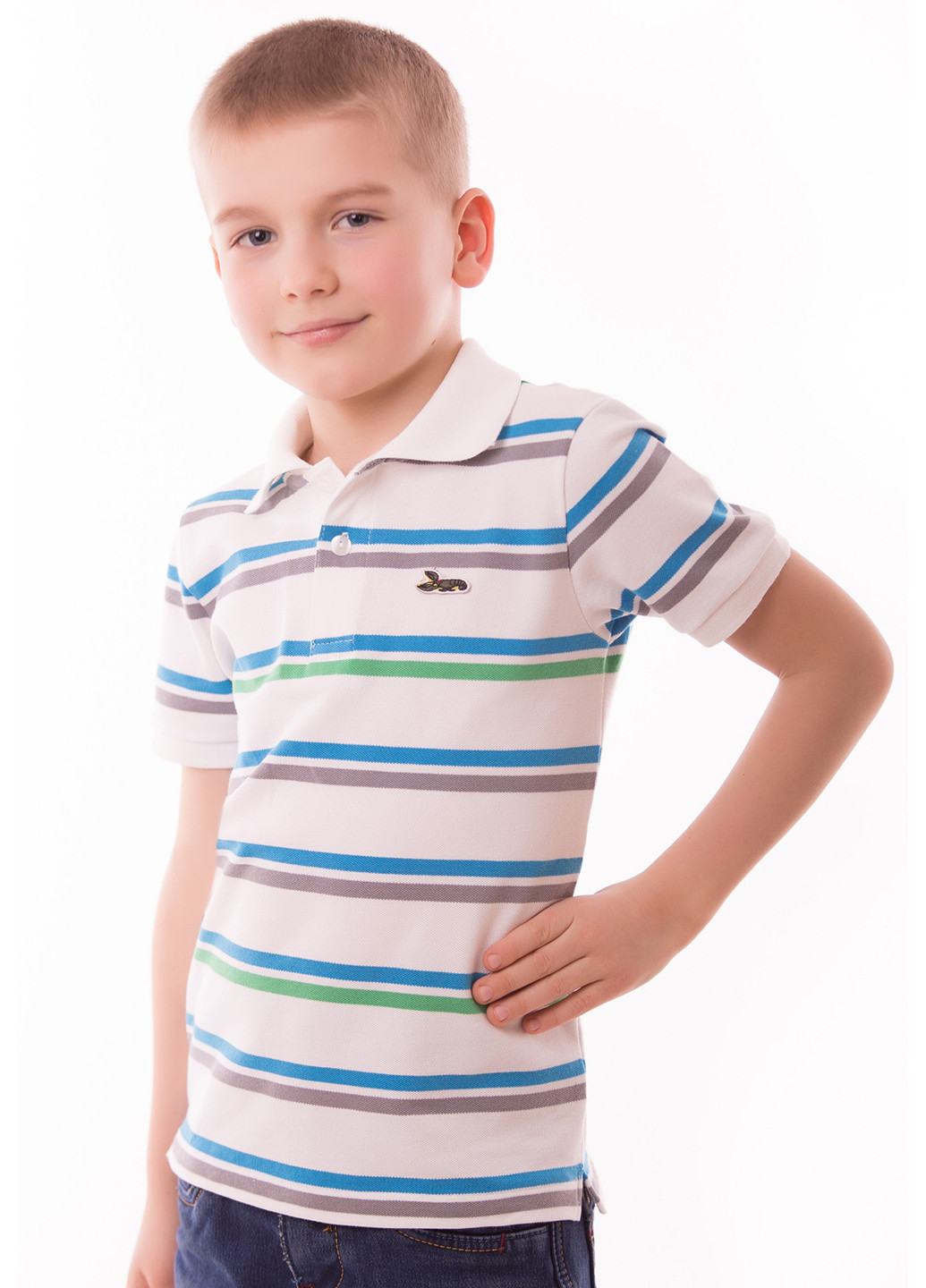 Белая детская футболка-поло для мальчика Kosta в полоску