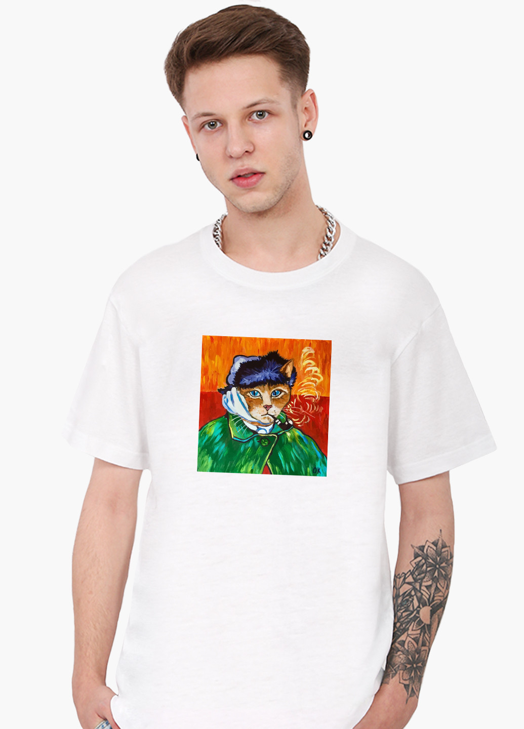Біла футболка чоловіча кот вінсент ван гог (vincent van gogh cat) білий (9223-2958) MobiPrint