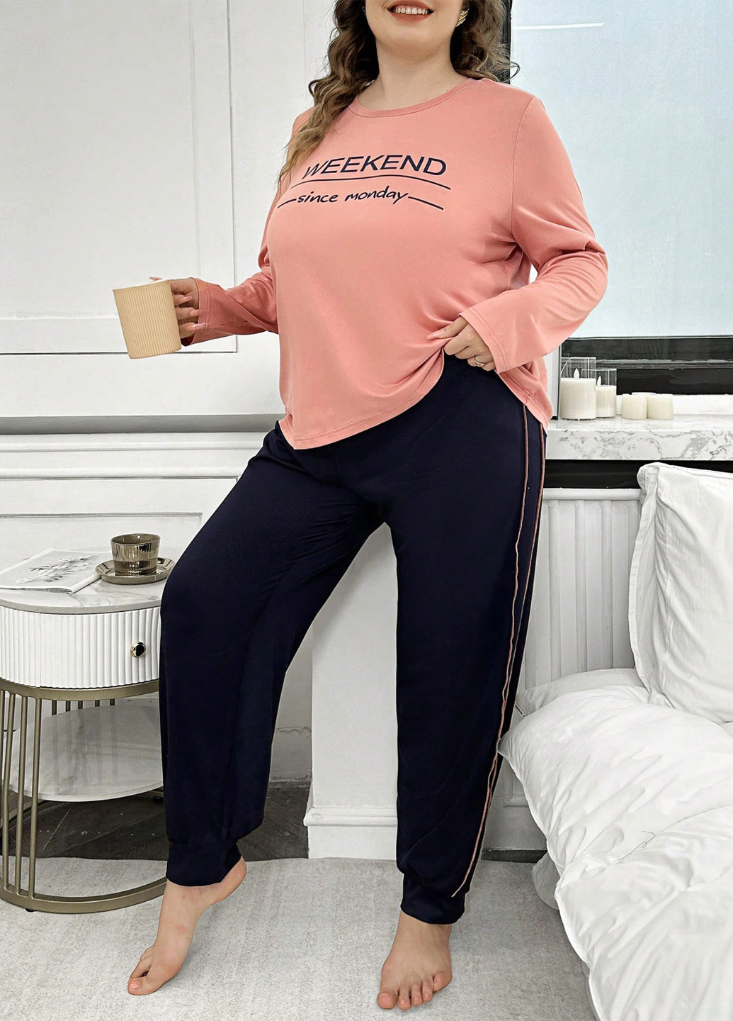 Коралловая всесезон пижама (лонгслив, брюки) лонгслив + брюки SHEIN