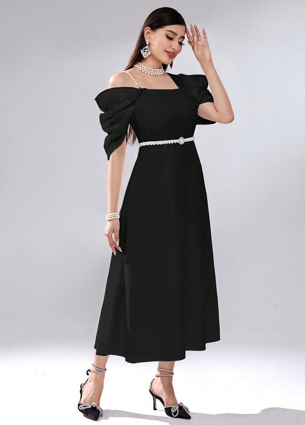 Чорна ділова, вечірня сукня кльош, на одне плече SHEIN однотонна