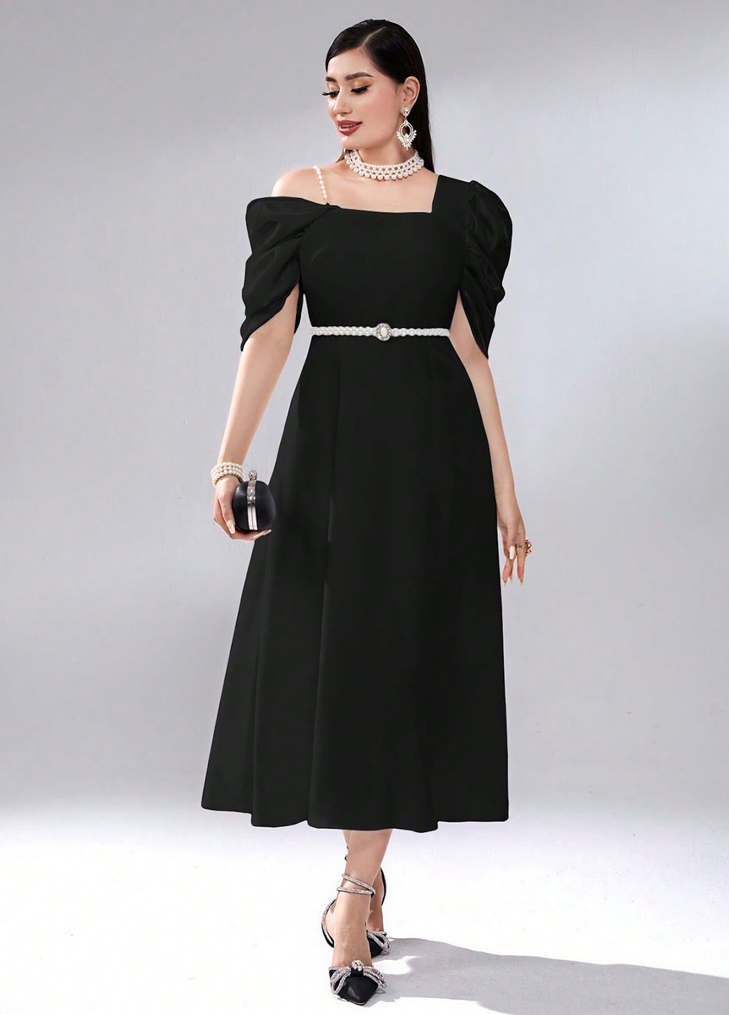 Чорна ділова, вечірня сукня кльош, на одне плече SHEIN однотонна