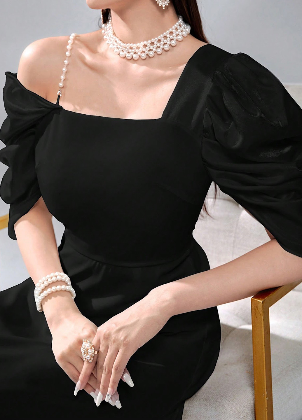 Чорна ділова, вечірня сукня кльош, на одне плече SHEIN однотонна