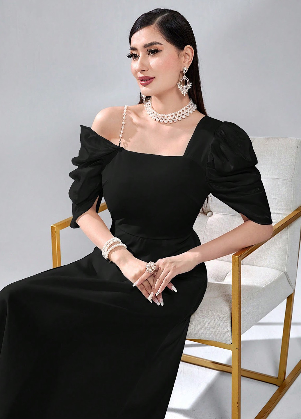 Чорна ділова, вечірня сукня кльош, на одне плече SHEIN однотонна