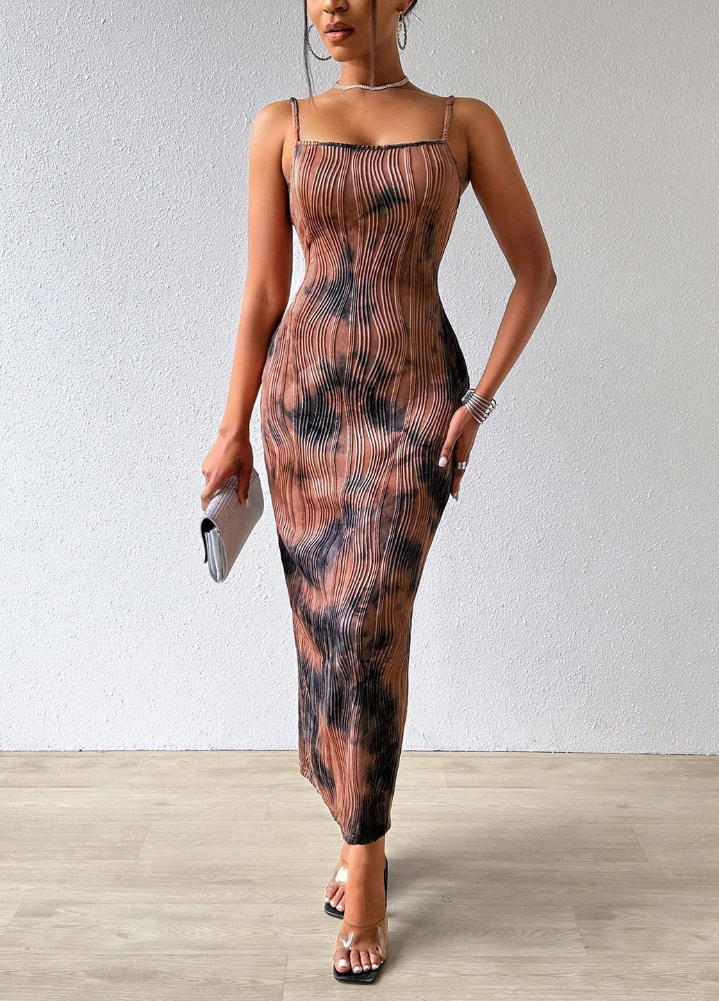 Рожево-коричнева вечірня, кежуал сукня силуетна SHEIN тай-дай