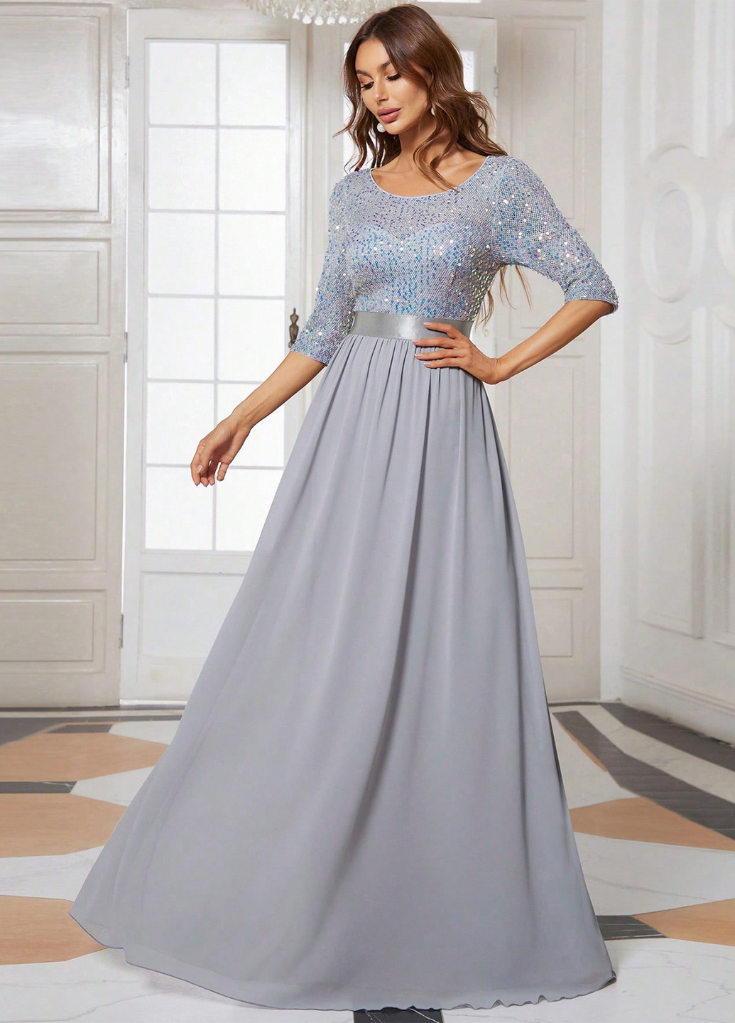 Серое вечернее, праздничный платье клеш SHEIN однотонное