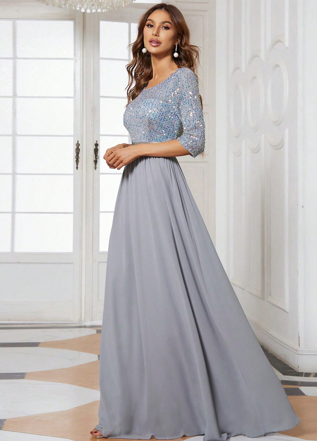 Серое вечернее, праздничный платье клеш SHEIN однотонное