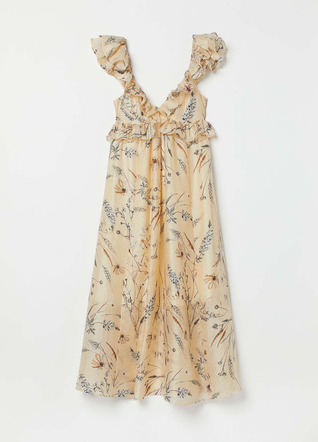 Бежевое кэжуал платье с открытыми плечами, с открытой спиной H&M с цветочным принтом
