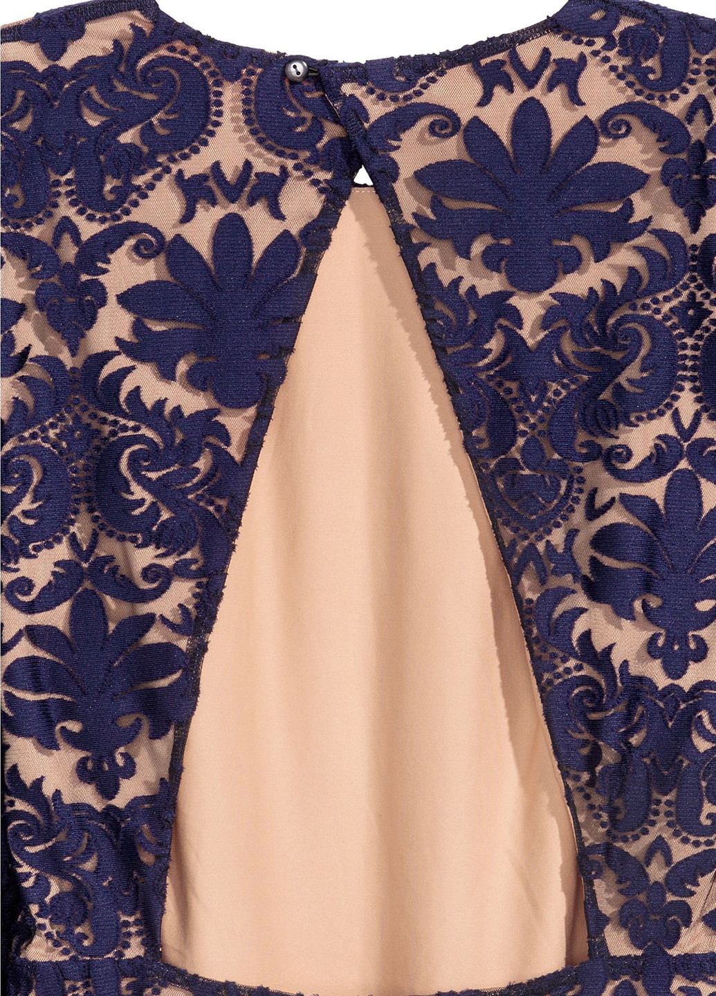 Темно-синее коктейльное платье футляр, с открытой спиной H&M с рисунком