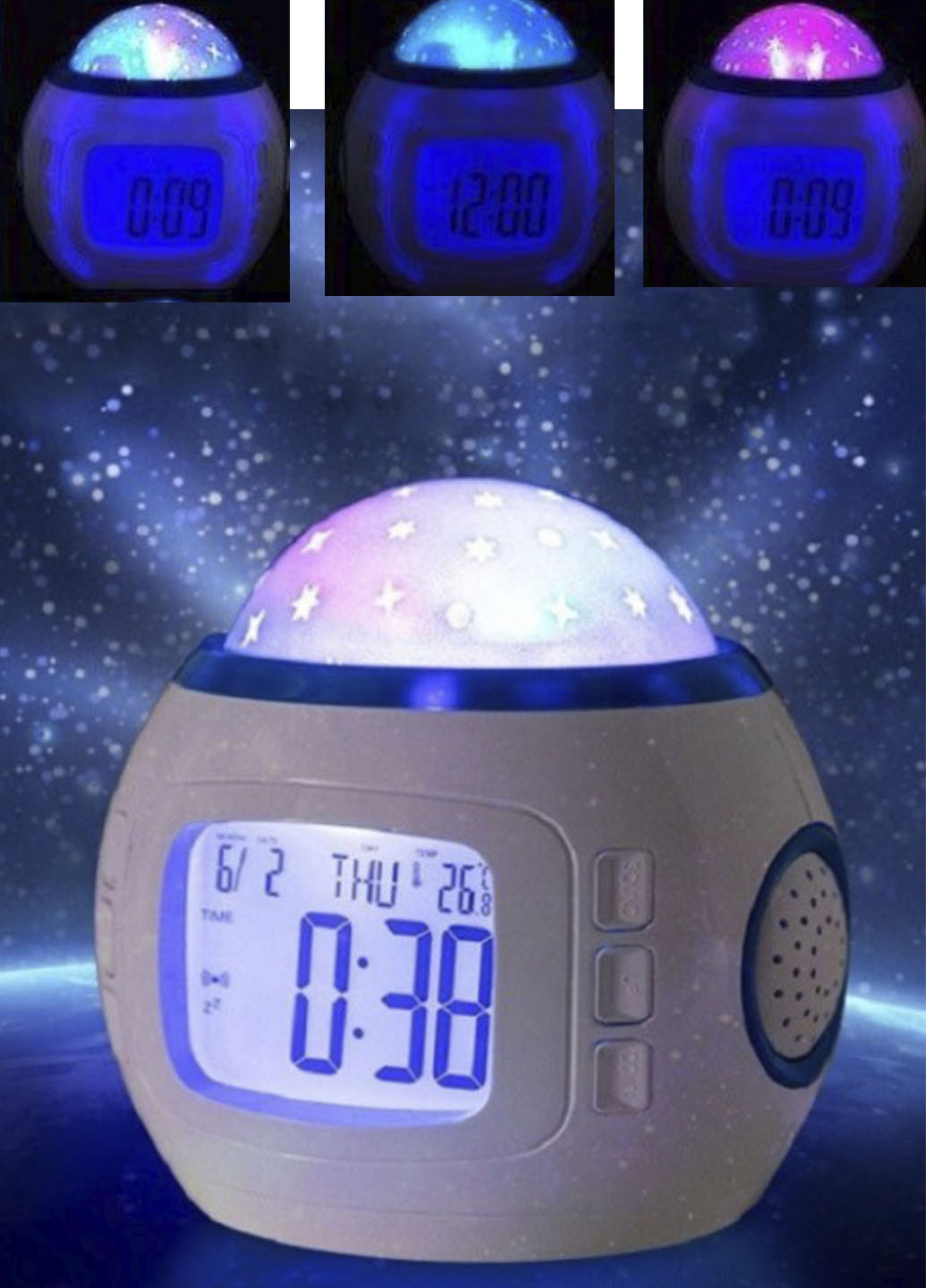 Музичний нічник-проектор зоряне небо 1038 з годинником та будильником XO (253726501)