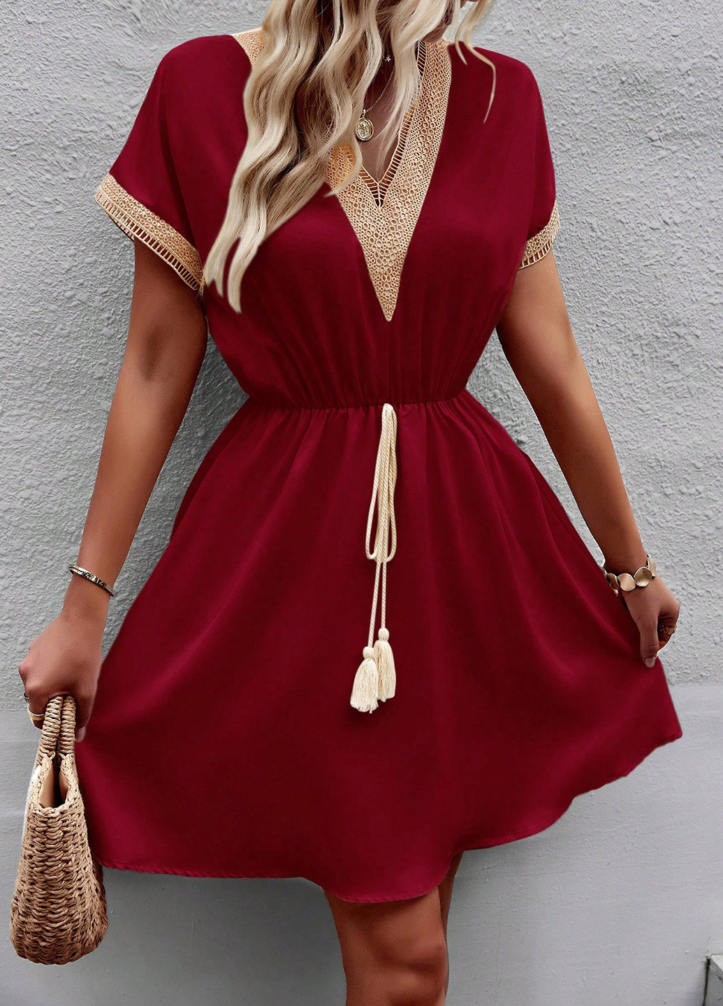 Бордовое кэжуал платье клеш SHEIN однотонное