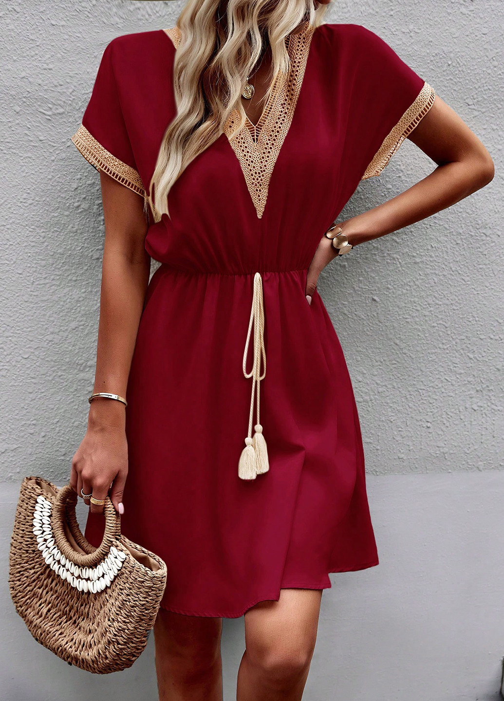 Бордовое кэжуал платье клеш SHEIN однотонное