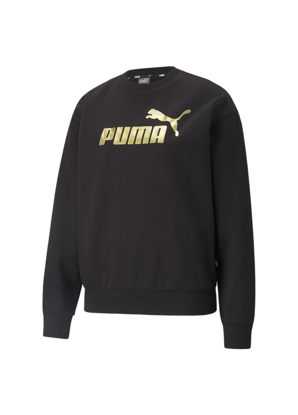 Свитшот Essentials+ Metallic Logo Crew Neck Women's Sweatshirt Puma однотонная чёрная спортивная хлопок, полиэстер, эластан