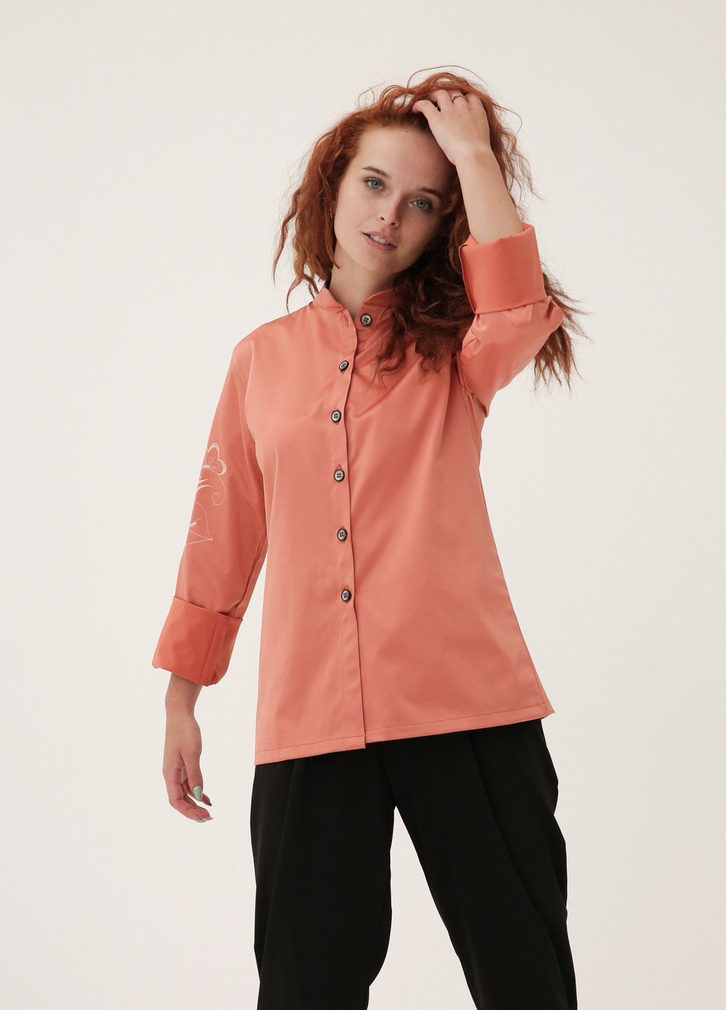 Теракотова демісезонна сорочка - піджак з полірованой бавовни з вишивкою на рукавах INNOE Рубашка - пиджак