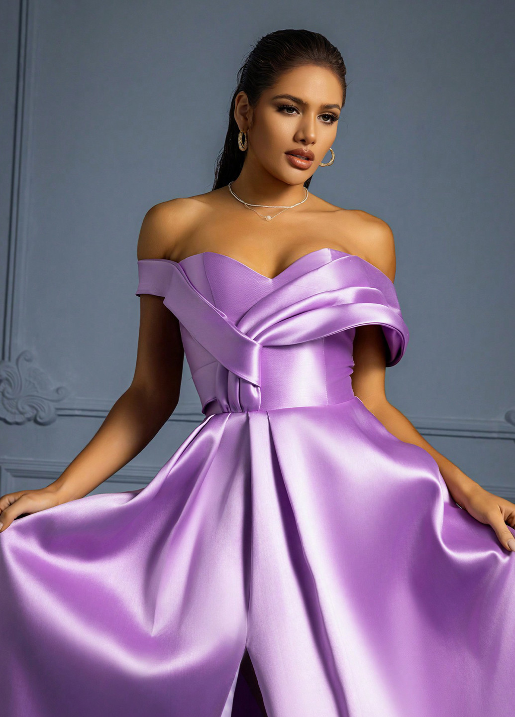 Фіолетова святковий, вечірня сукня зі шлейфом, а-силует, з відкритою спиною SHEIN однотонна