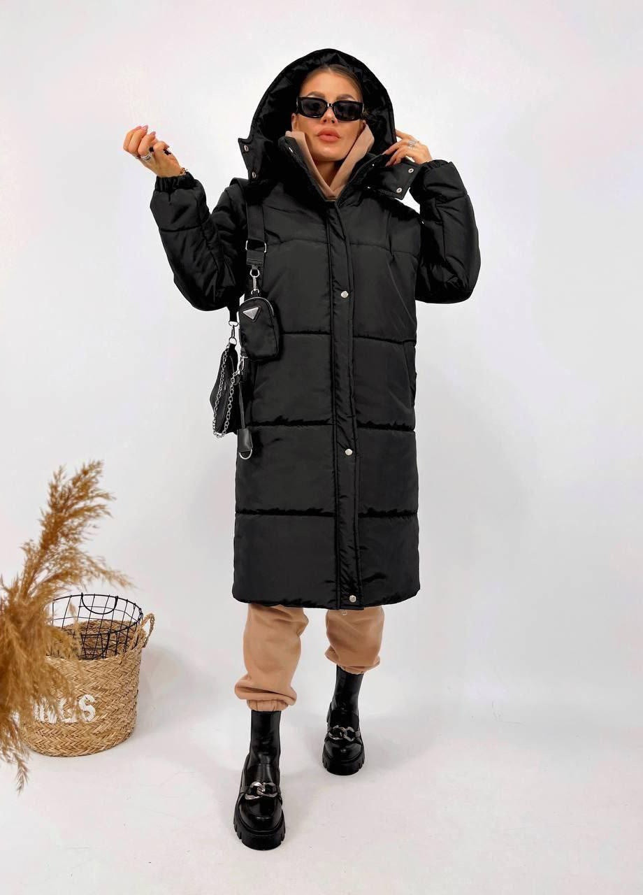 Черная женский зимний длинный пуховик с капюшоном s-l xl-2xl (42-46 48-52) черная No Brand