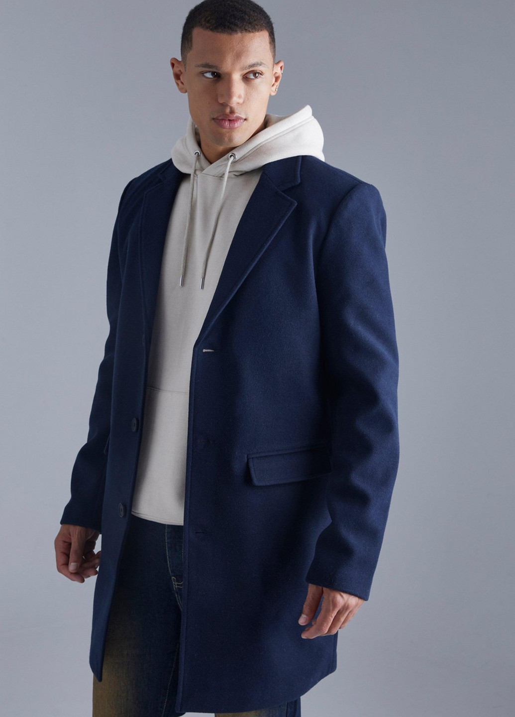 Темно-синее демисезонное Пальто однобортное Boohoo
