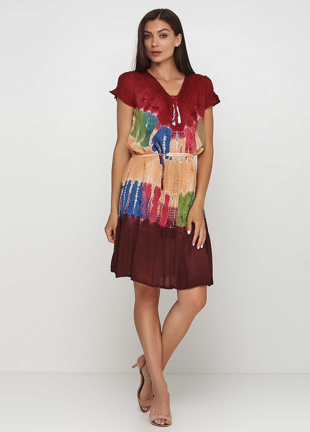 Бордовое кэжуал платье No Brand с абстрактным узором