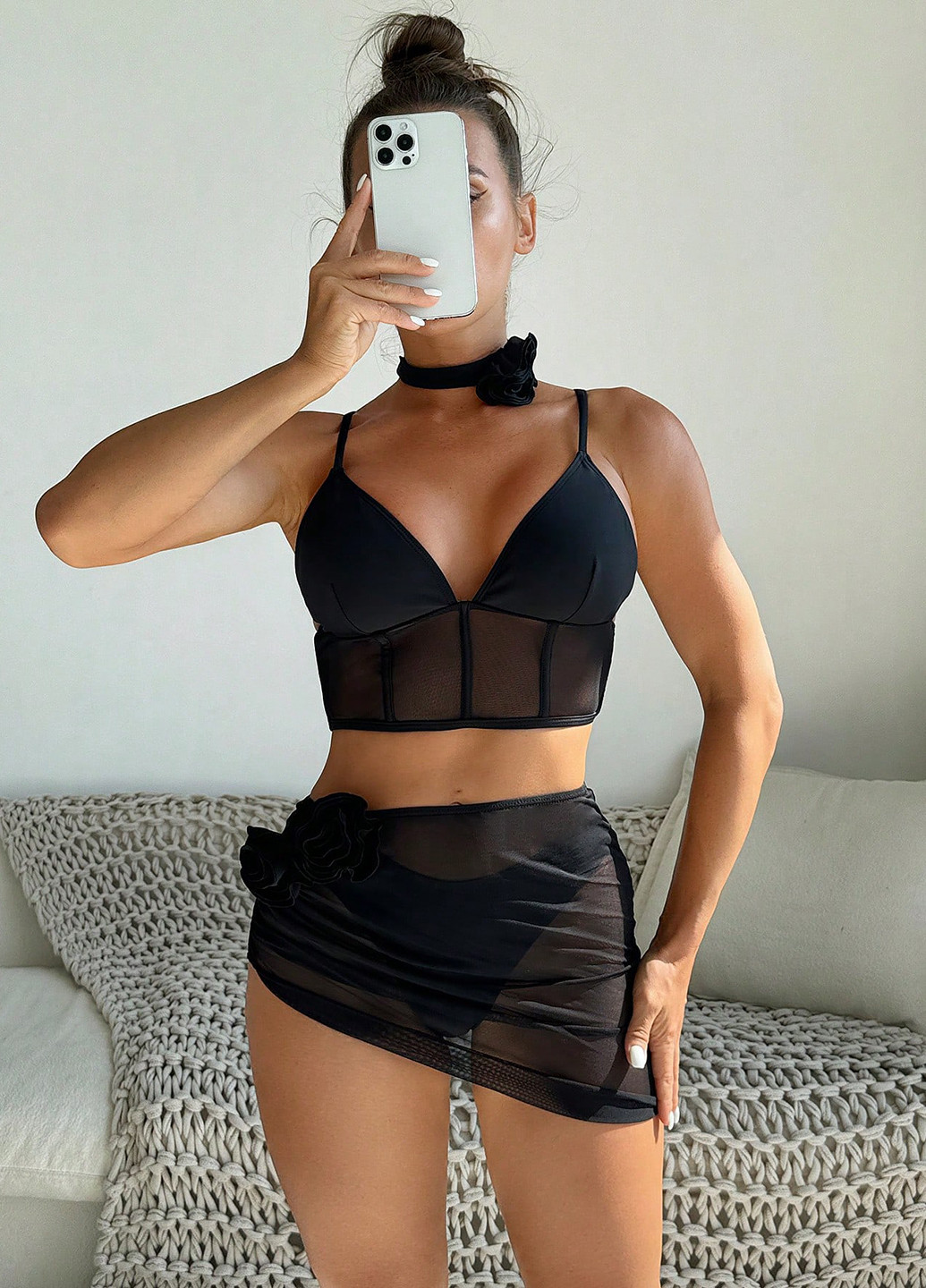 Чорний літній купальник (ліф, трусики, парео) топ, роздільний SHEIN