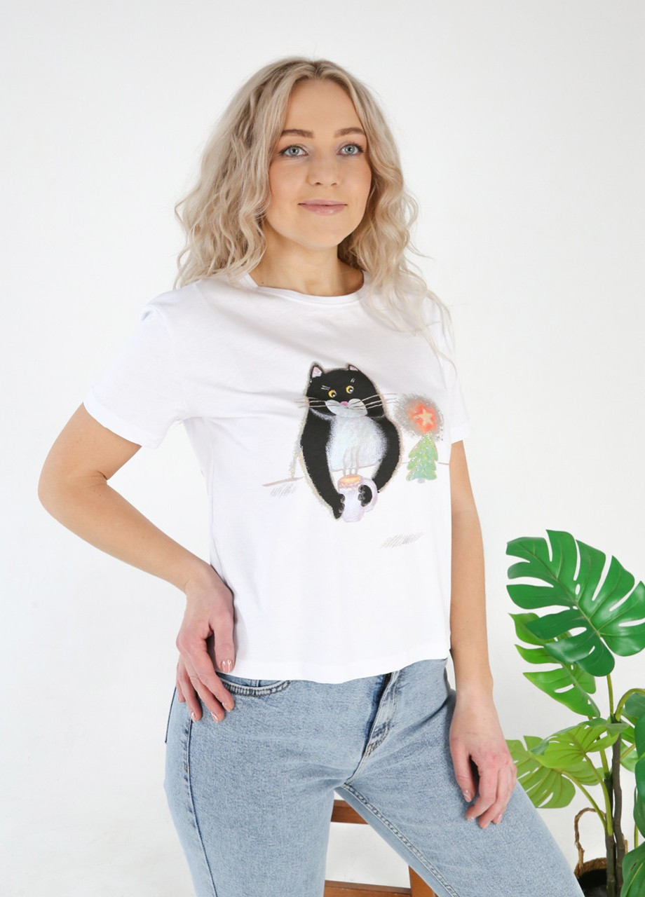 Біла всесезон футболка жіноча біла коротка з котом X-trap Прямая