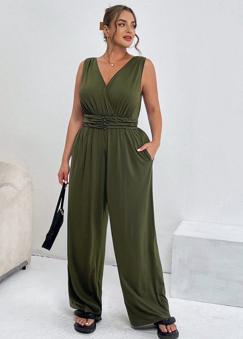 Комбінезон SHEIN комбінезон-брюки однотонний хакі кежуал поліестер