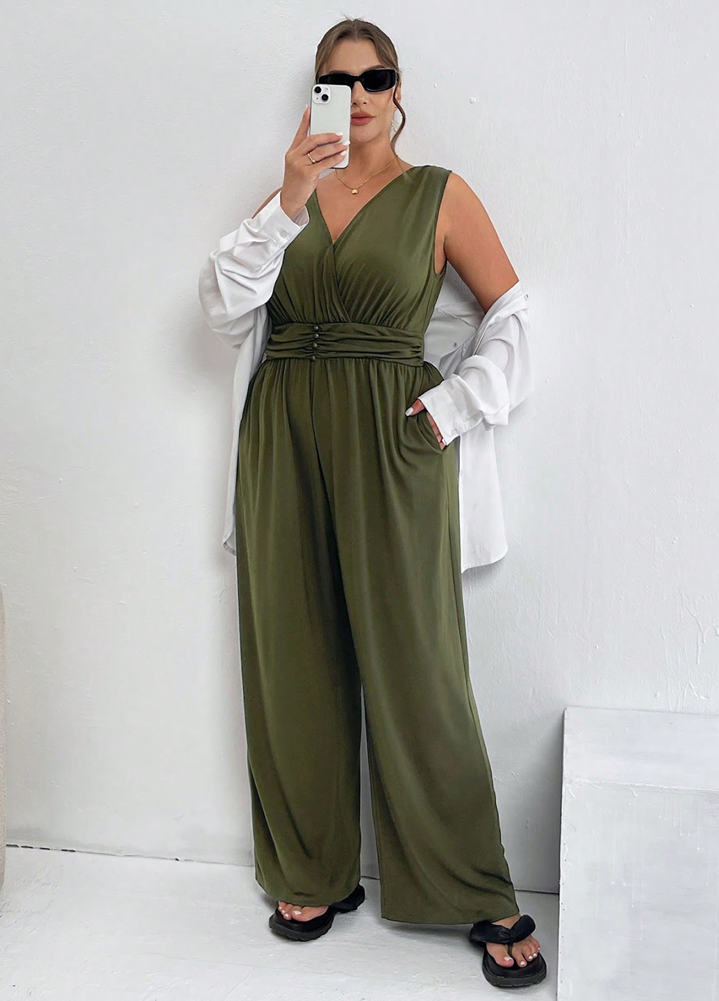 Комбінезон SHEIN комбінезон-брюки однотонний хакі кежуал поліестер