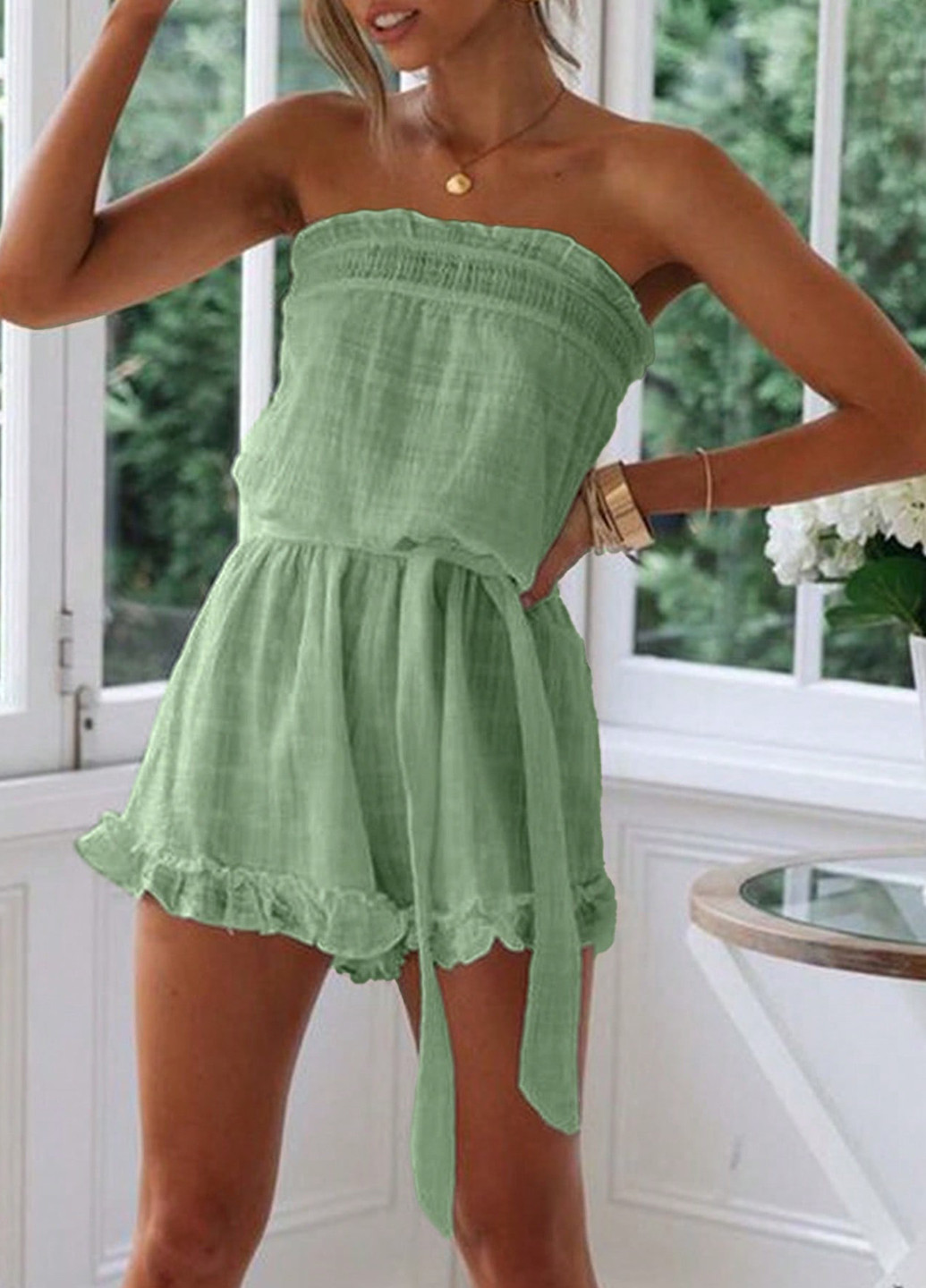 Комбинезон SHEIN комбинезон-шорты однотонный мятный кэжуал вискоза