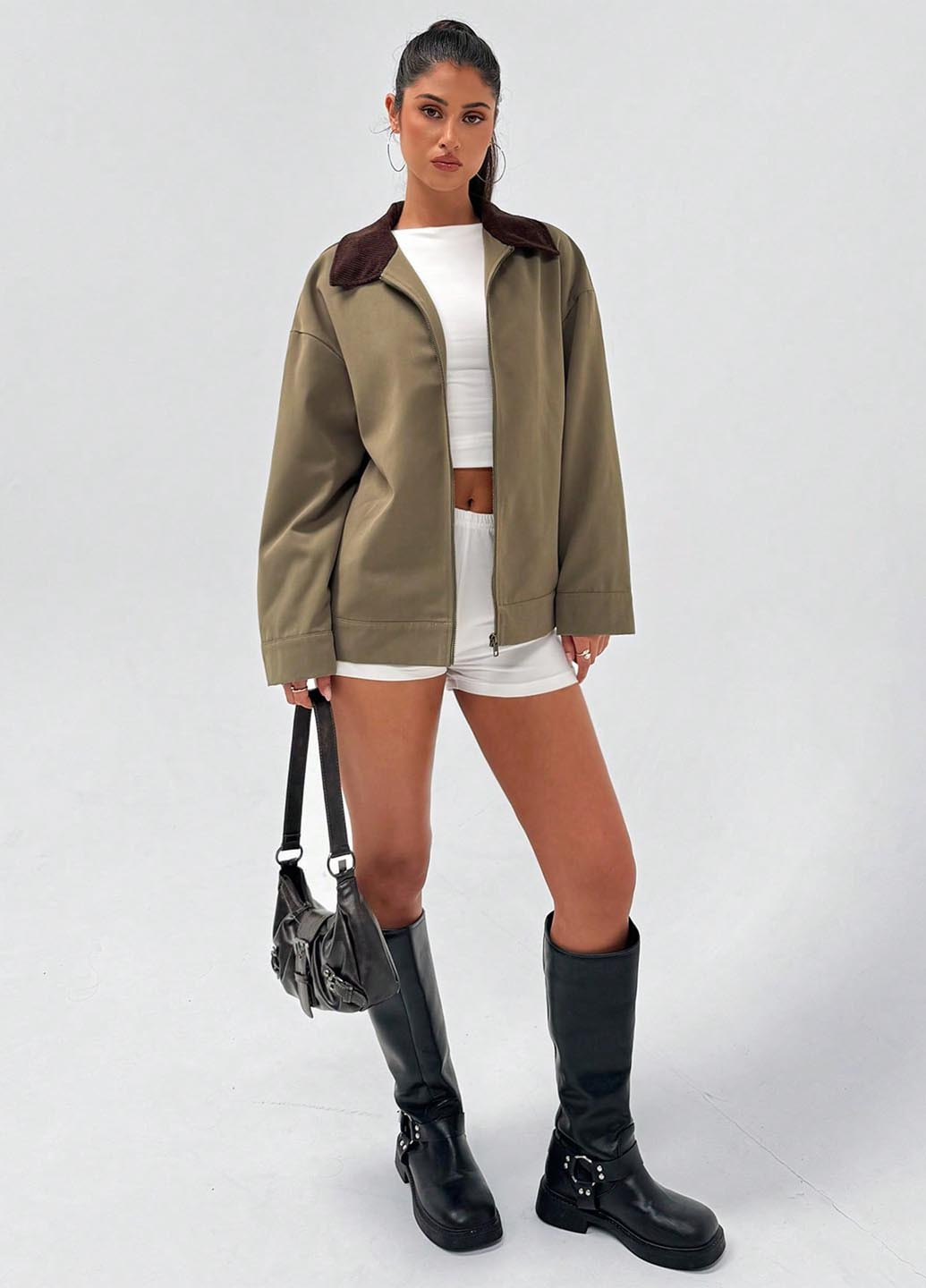 Оливкова (хакі) демісезонна жакет куртка-піджак SHEIN